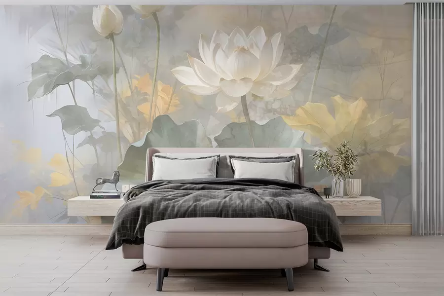 Fototapete Weiße Lotusblumen mit Blättern in einem Teich mit einem weichen, verschwommenen gelben und grünen Hintergrund w08275