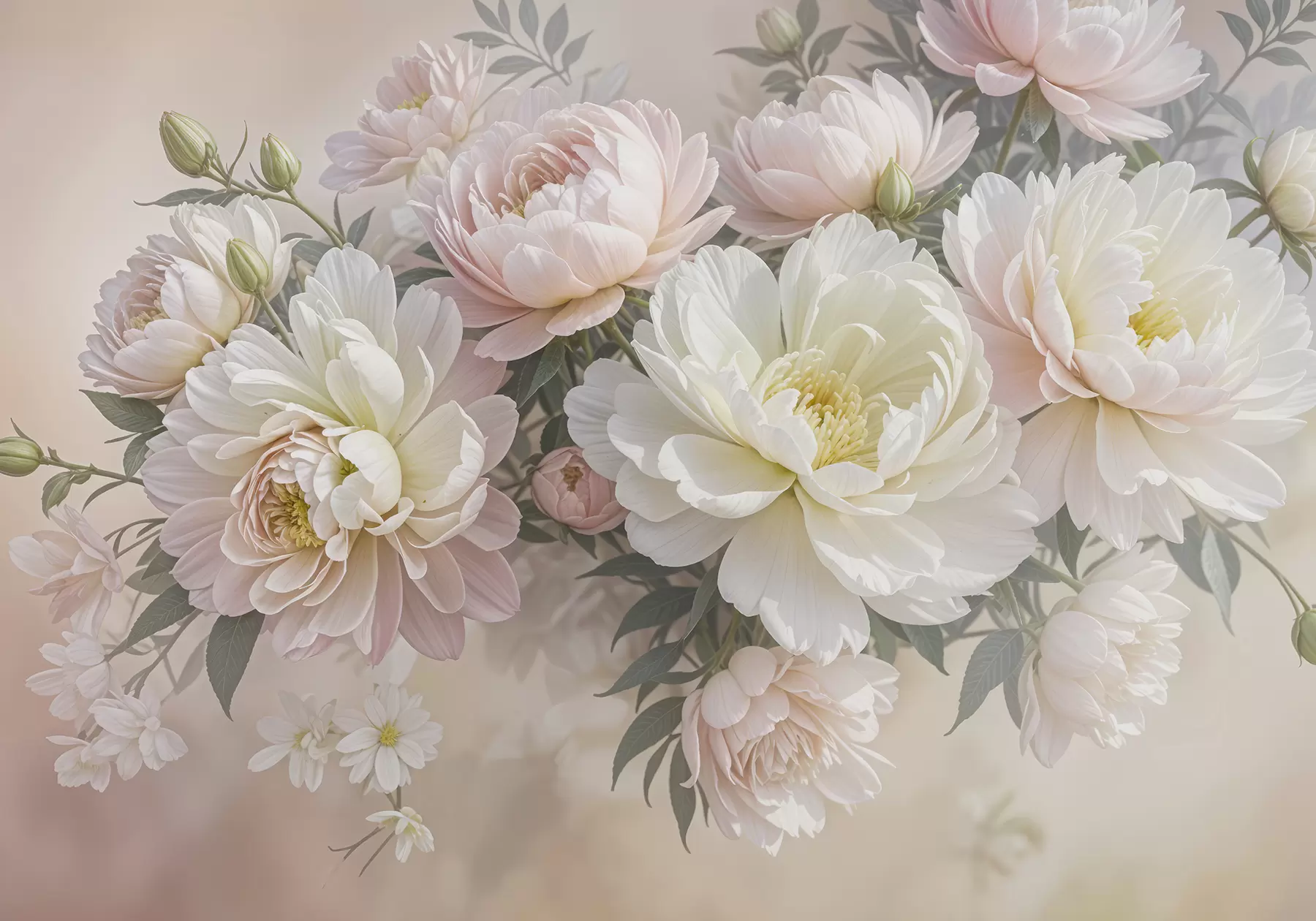 Fototapete Ein Blumenstrauß aus üppigen, pastellfarbenen Pfingstrosen und anderen Blumen vor einem weichen, unscharfen Hintergrund  w08276