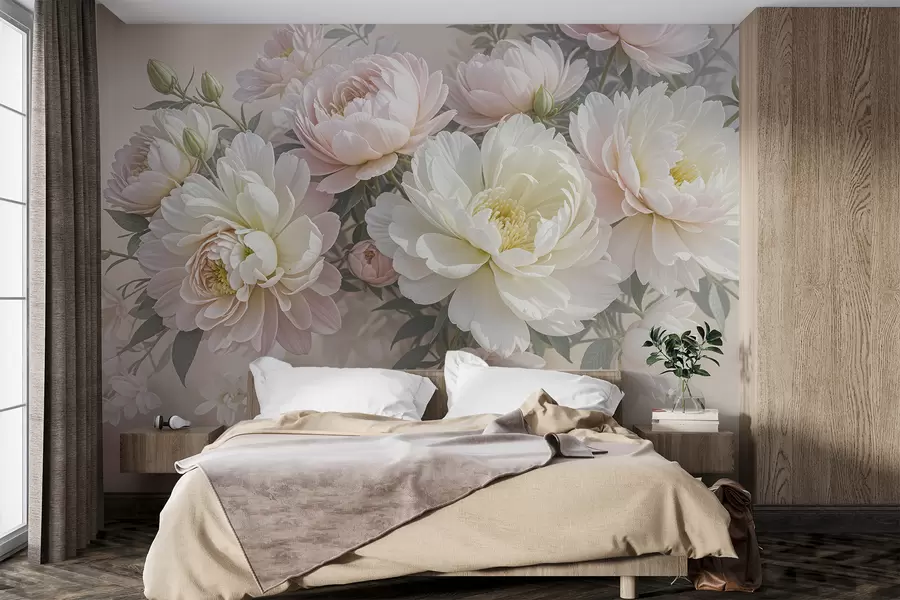 Fototapete Ein Blumenstrauß aus üppigen, pastellfarbenen Pfingstrosen und anderen Blumen vor einem weichen, unscharfen Hintergrund  w08276