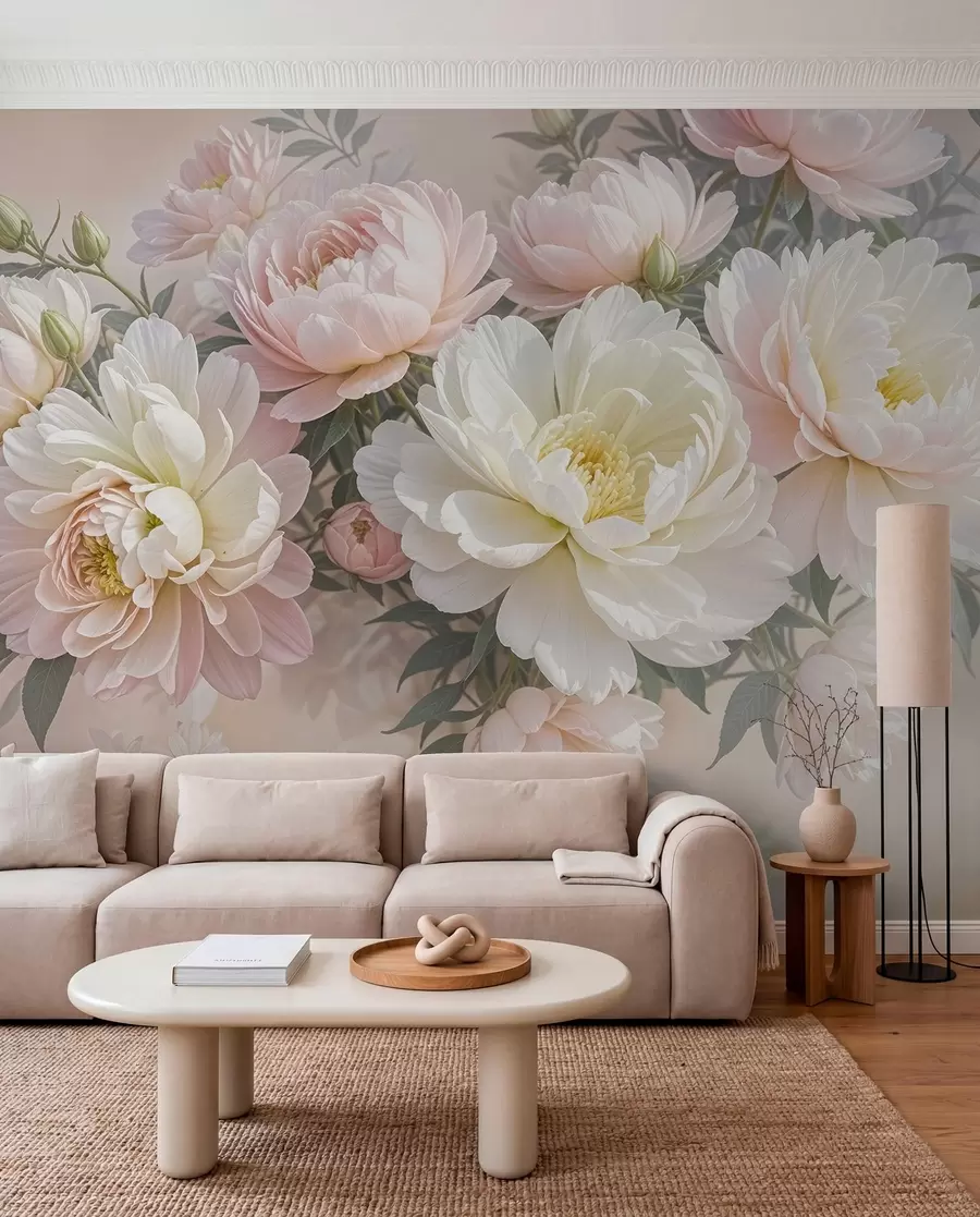 Fototapete Ein Blumenstrauß aus üppigen, pastellfarbenen Pfingstrosen und anderen Blumen vor einem weichen, unscharfen Hintergrund  w08276