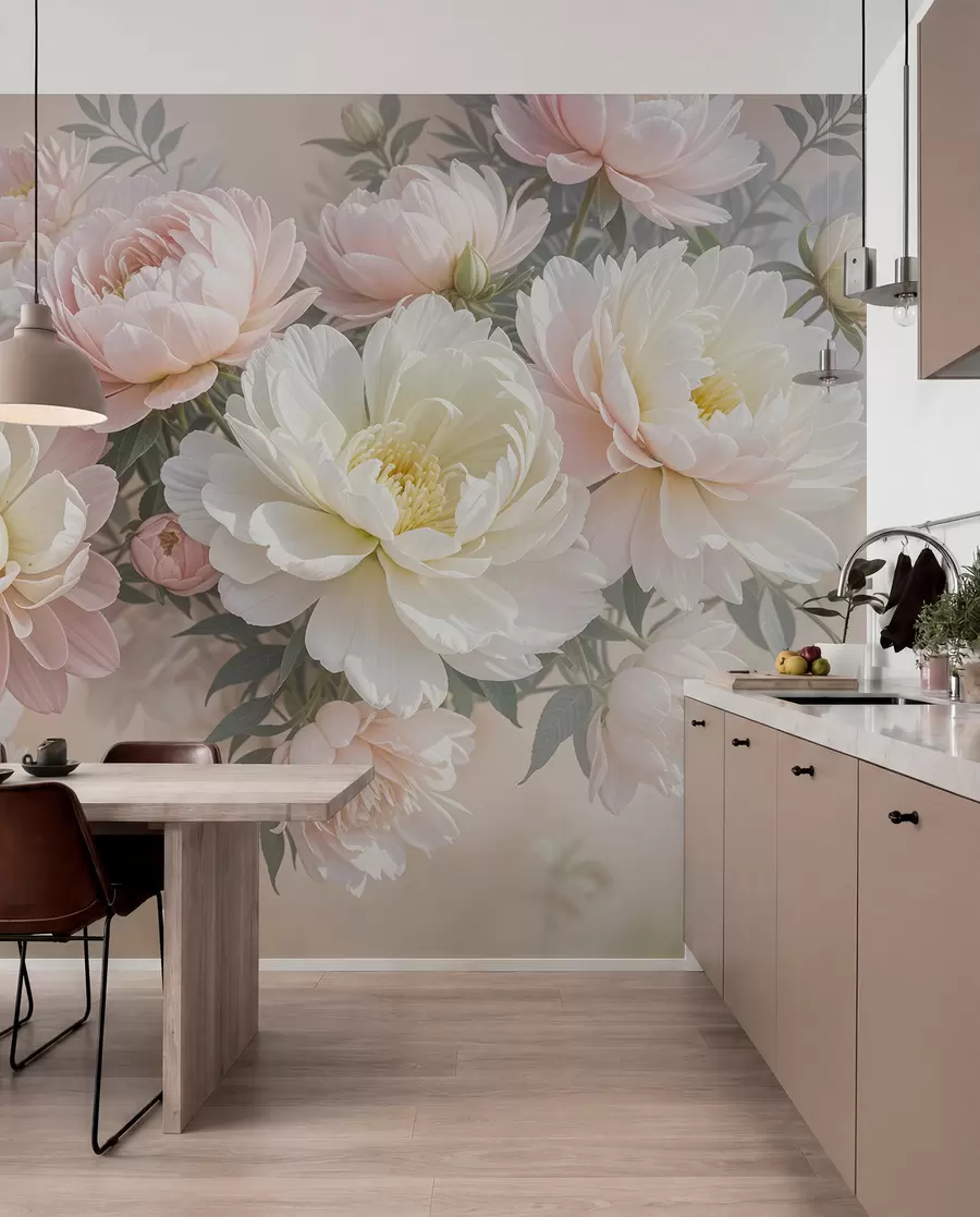 Fototapete Ein Blumenstrauß aus üppigen, pastellfarbenen Pfingstrosen und anderen Blumen vor einem weichen, unscharfen Hintergrund  w08276
