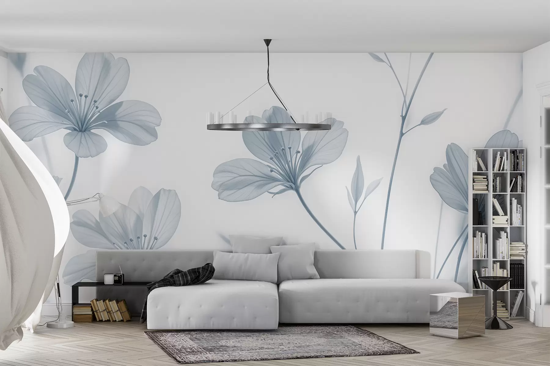 Fototapete Eine Nahaufnahme von zarten blauen Blumen mit weichen, verschwommenen Blütenblättern vor einem schlichten weißen Hintergrund  w08277