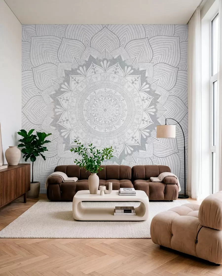 Fototapete Rundes Mandala, Tapete für den Yogaraum oder zur Harmonisierung des persönlichen Raums. Wand Mandala in Grautönen auf einem strukturierten heterogenen Hintergrund w01088v2