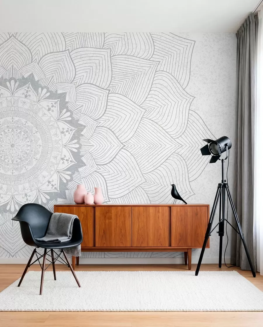 Fototapete Rundes Mandala, Tapete für den Yogaraum oder zur Harmonisierung des persönlichen Raums. Wand Mandala in Grautönen auf einem strukturierten heterogenen Hintergrund w01088v2