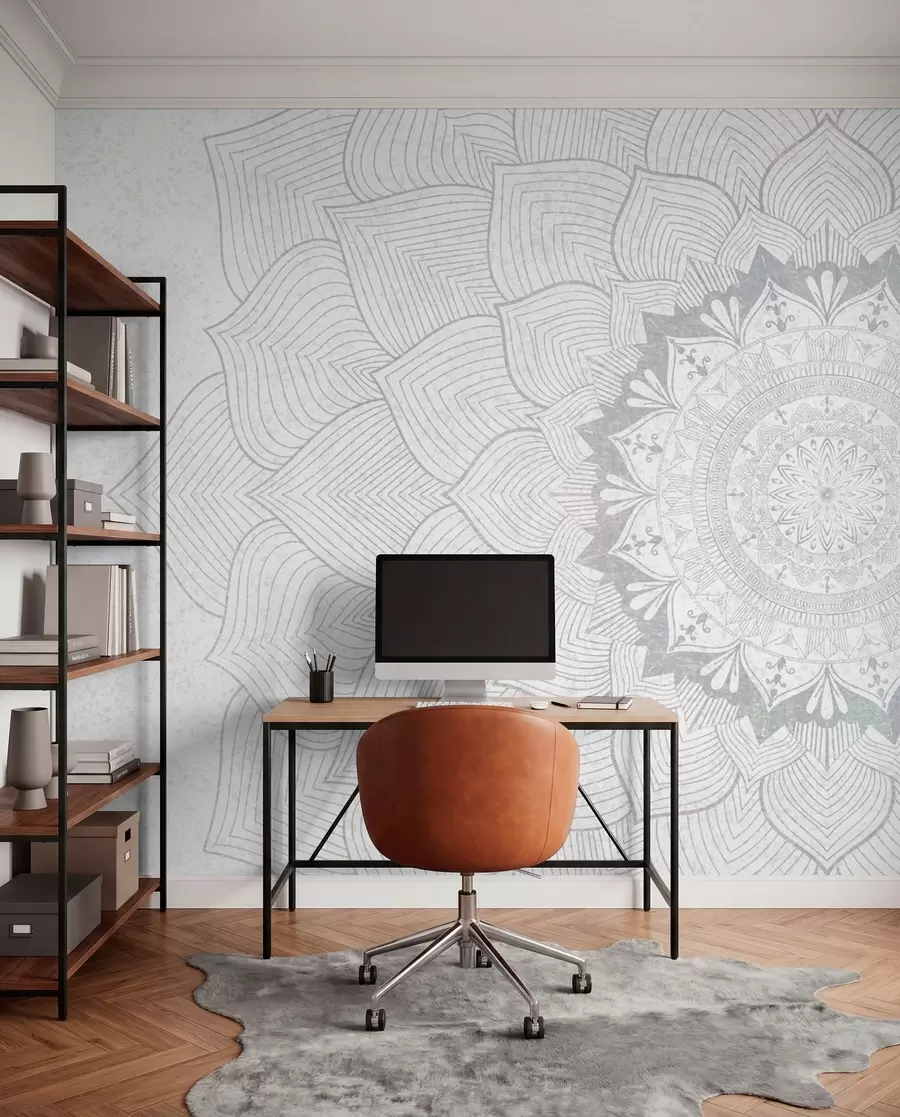 Fototapete Rundes Mandala, Tapete für den Yogaraum oder zur Harmonisierung des persönlichen Raums. Wand Mandala in Grautönen auf einem strukturierten heterogenen Hintergrund w01088v2