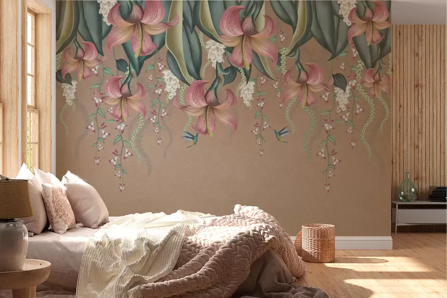 Fototapete Zartes botanisches Motiv mit hängenden Lilien, Blumen und Kolibris auf einer Grunge-Wand w01523