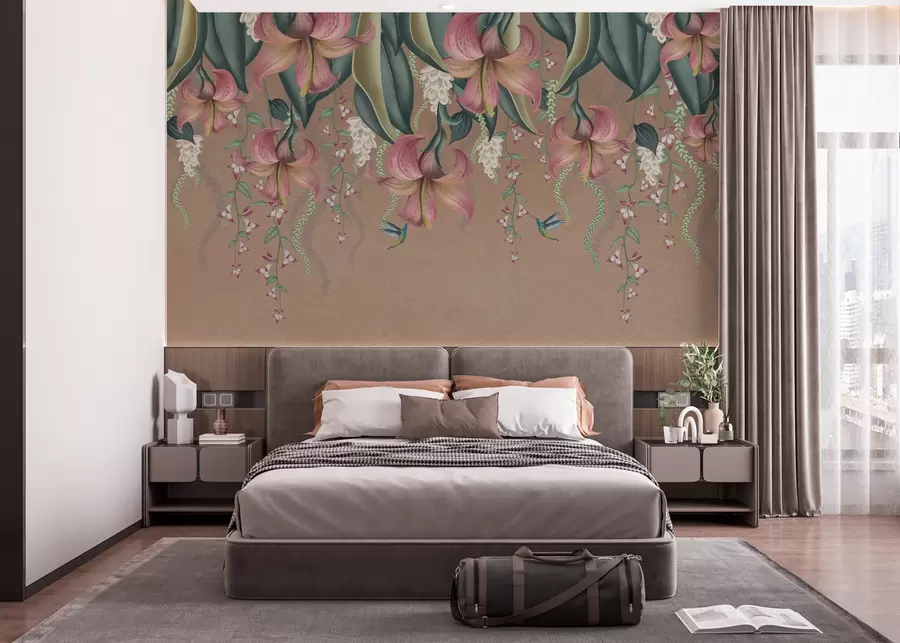 Fototapete Zartes botanisches Motiv mit hängenden Lilien, Blumen und Kolibris auf einer Grunge-Wand w01523