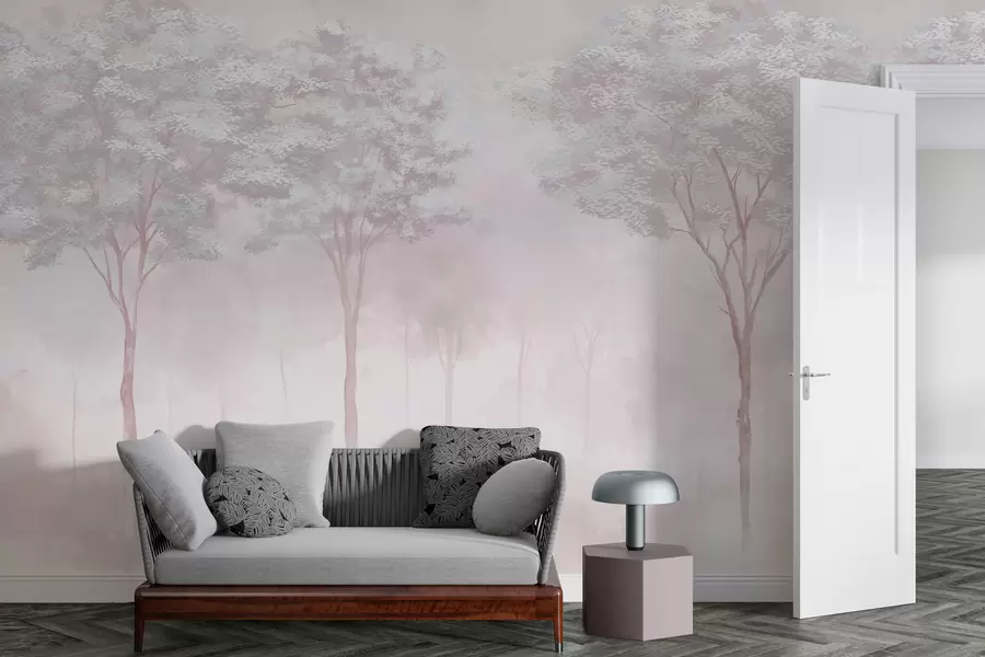 Fototapete Neblige Waldsilhouette in zartrosa Farbe w01599v1
