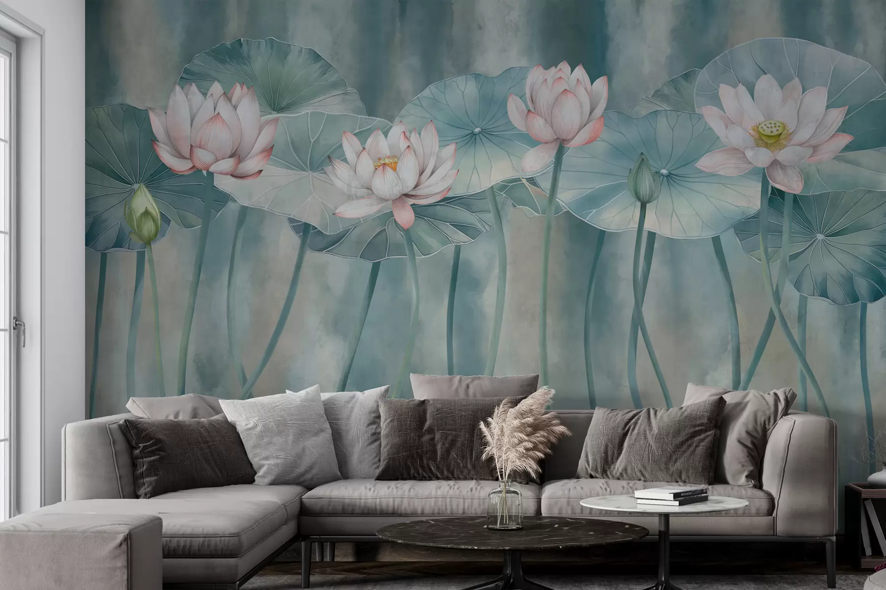 Fototapete Lotusblumen und Blätter auf einer dunklen Grunge-Wand w01622v1