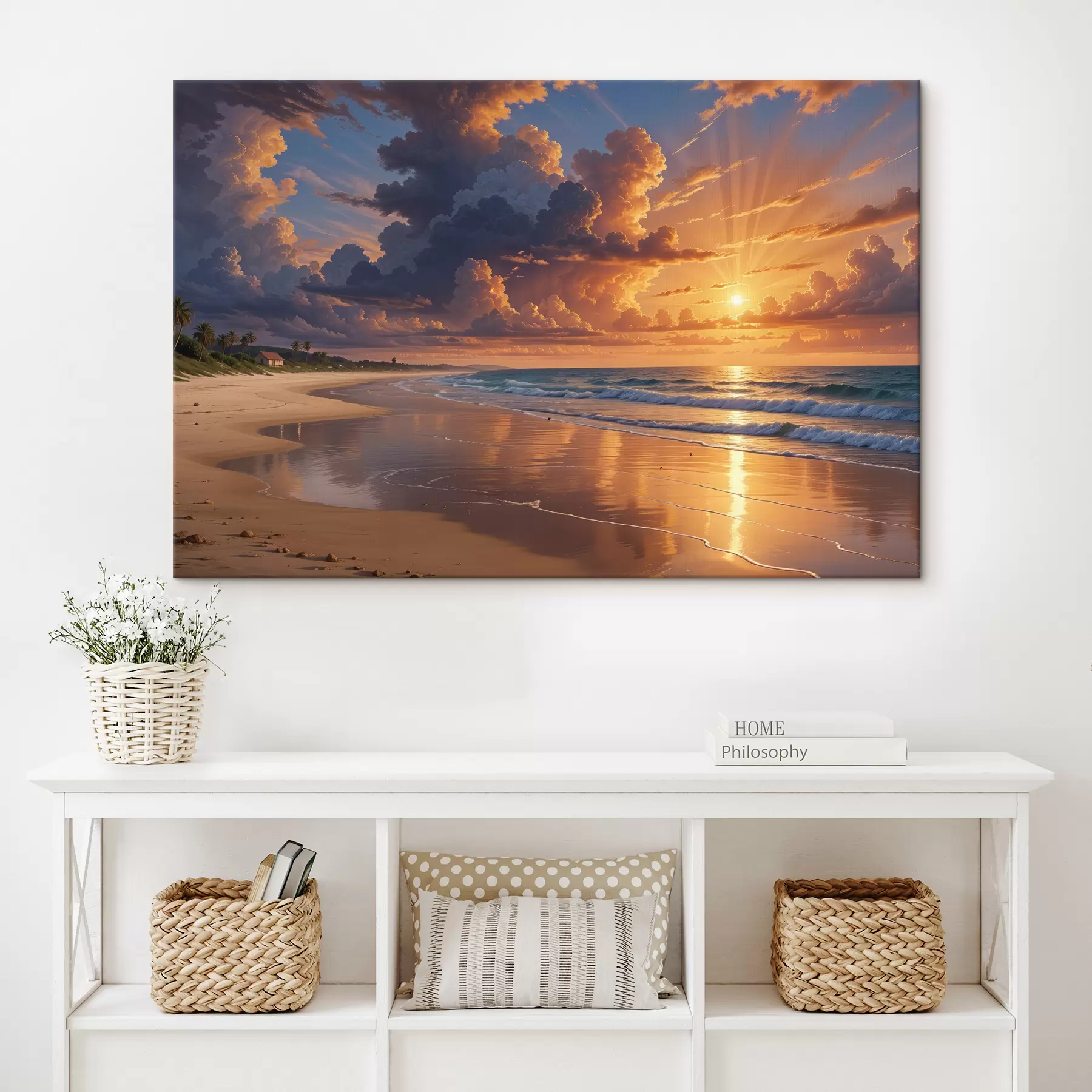 Fototapete Ein dramatischer Sonnenuntergang über einem tropischen Strand, mit leuchtend orangefarbenen und rosa Wolken, die sich im ruhigen Wasser spiegeln s40599