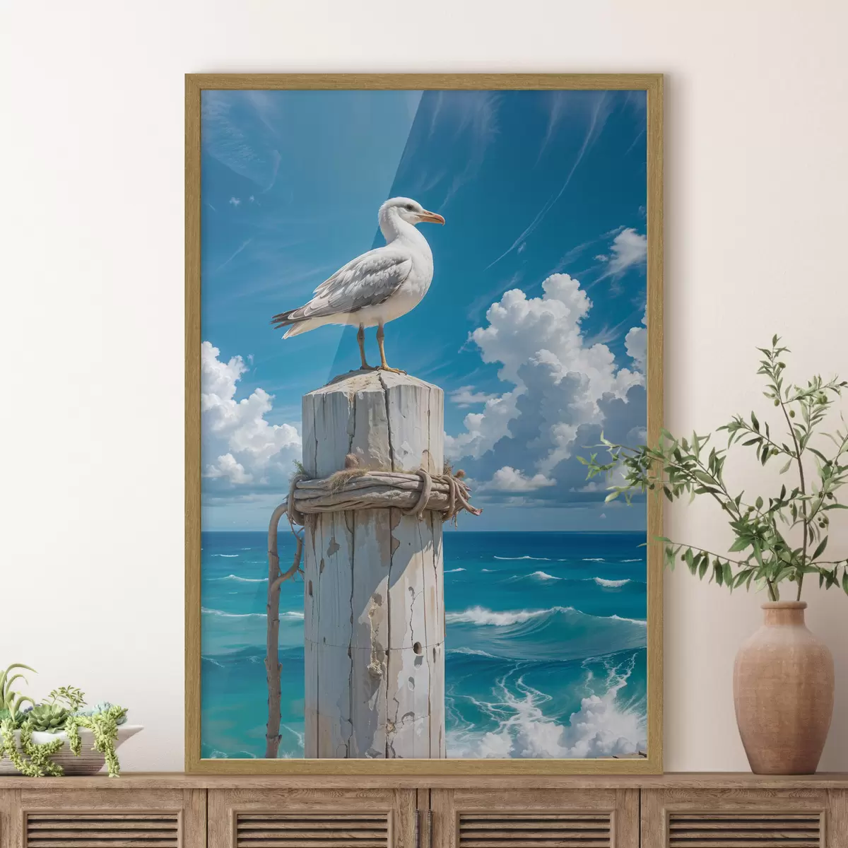 Poster Eine weiße Möwe sitzt auf einem Holzpfosten vor einem strahlend blauen Himmel und einem wogenden Meer f40590
