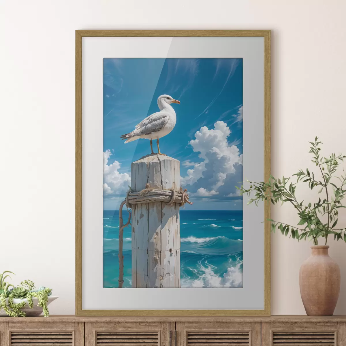 Poster Eine weiße Möwe sitzt auf einem Holzpfosten vor einem strahlend blauen Himmel und einem wogenden Meer f40590