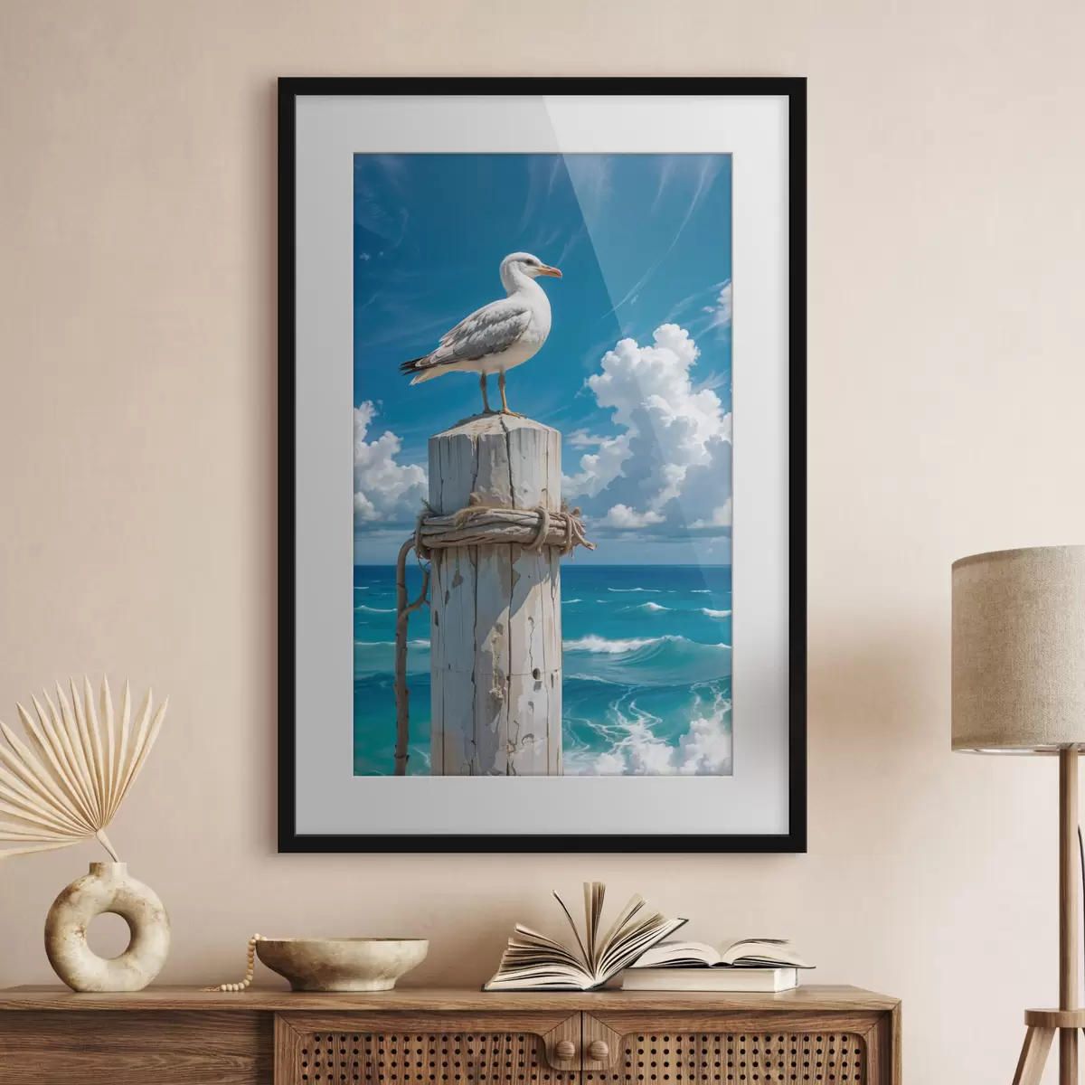 Poster Eine weiße Möwe sitzt auf einem Holzpfosten vor einem strahlend blauen Himmel und einem wogenden Meer f40590