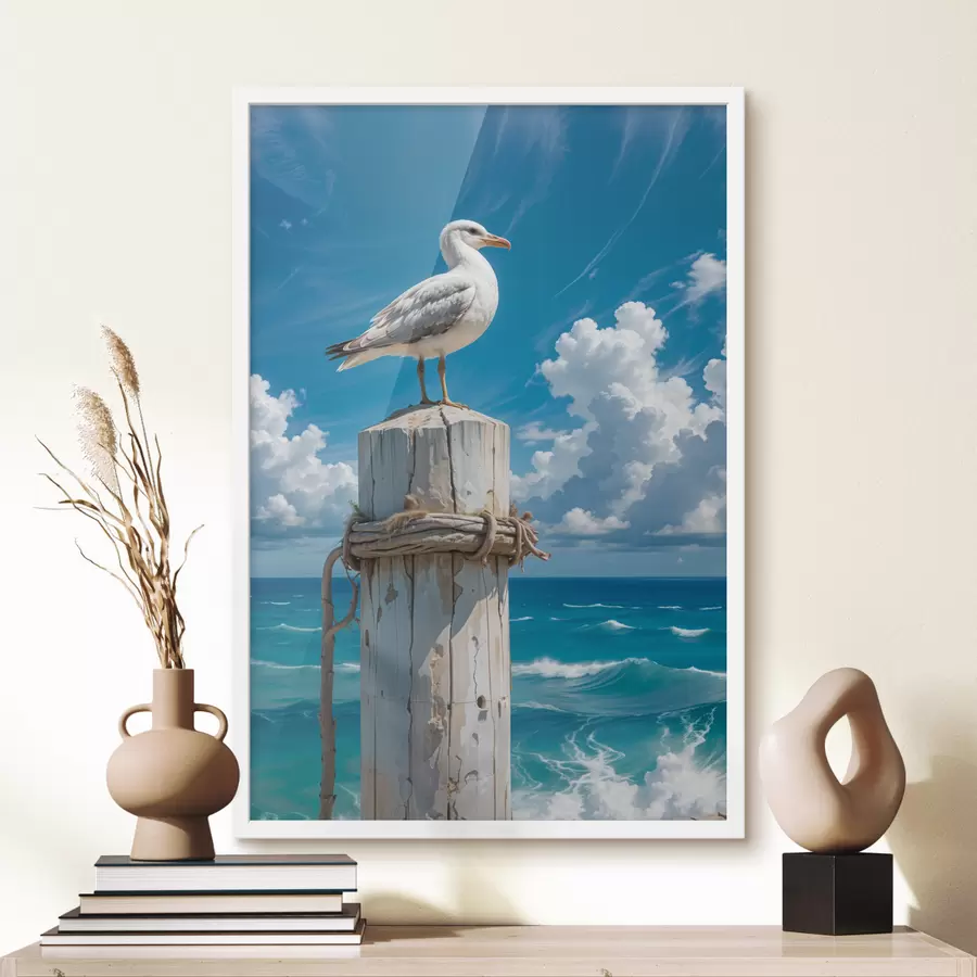 Fototapete Eine weiße Möwe sitzt auf einem Holzpfosten vor einem strahlend blauen Himmel und einem wogenden Meer f40590