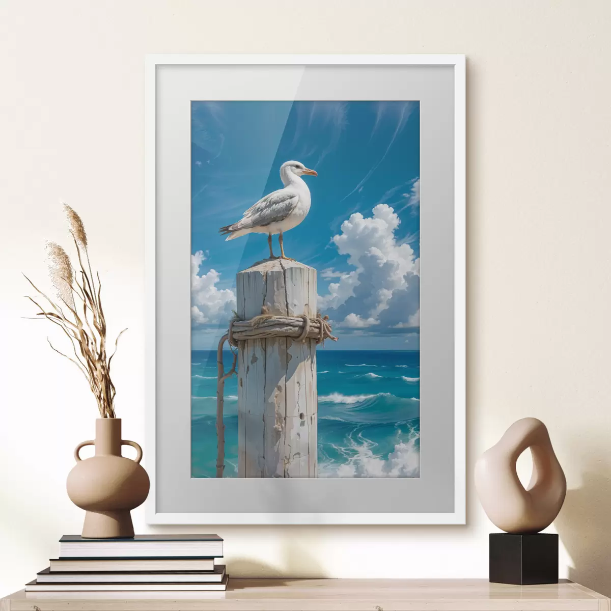 Poster Eine weiße Möwe sitzt auf einem Holzpfosten vor einem strahlend blauen Himmel und einem wogenden Meer f40590