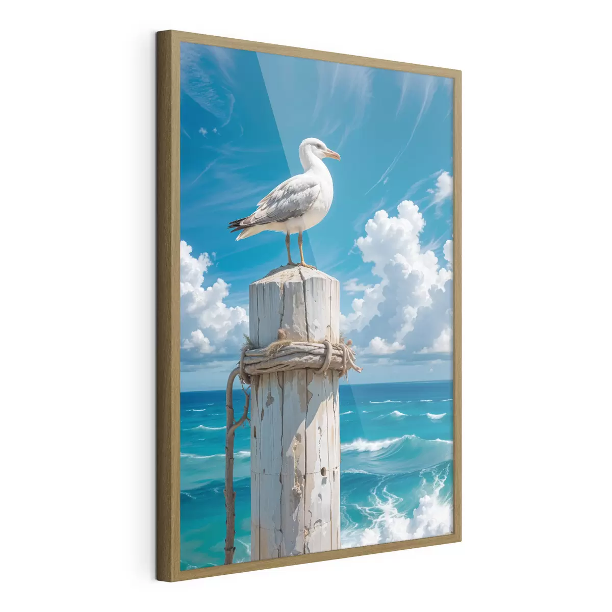 Poster Eine weiße Möwe sitzt auf einem Holzpfosten vor einem strahlend blauen Himmel und einem wogenden Meer f40590