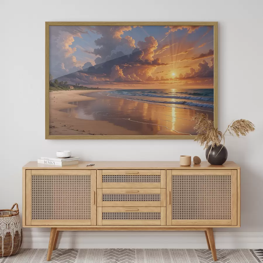 Fototapete Ein dramatischer Sonnenuntergang über einem tropischen Strand, mit leuchtend orangefarbenen und rosa Wolken, die sich im ruhigen Wasser spiegeln f40599