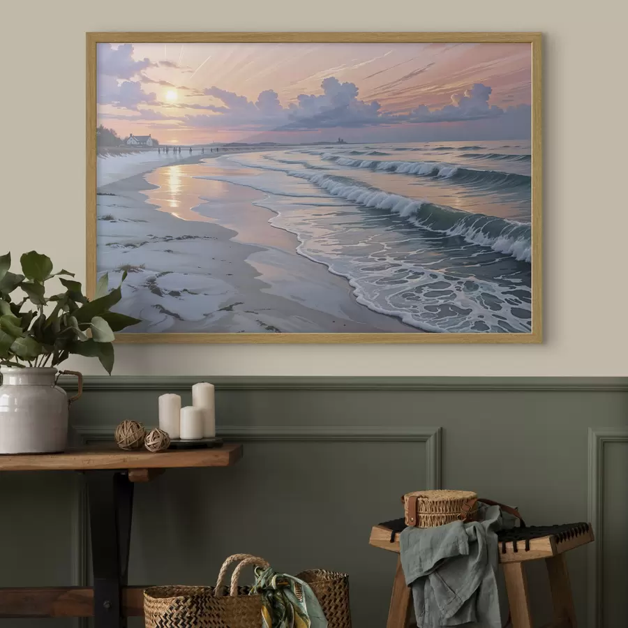 Fototapete Eine ruhige Strandszene bei Sonnenuntergang, mit sanften Wellen, die gegen den Sandstrand schlagen f40606