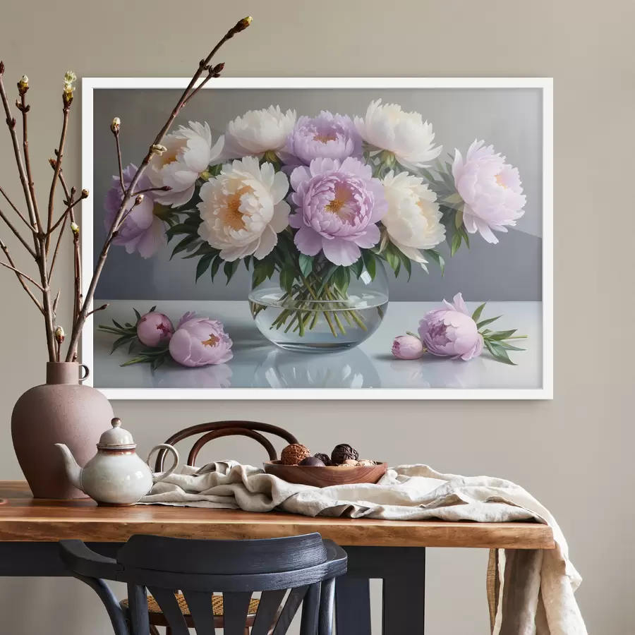 Fototapete Ein Strauß großer, üppiger weißer und rosa Pfingstrosen in einer Glasvase auf grauem Hintergrund f40610