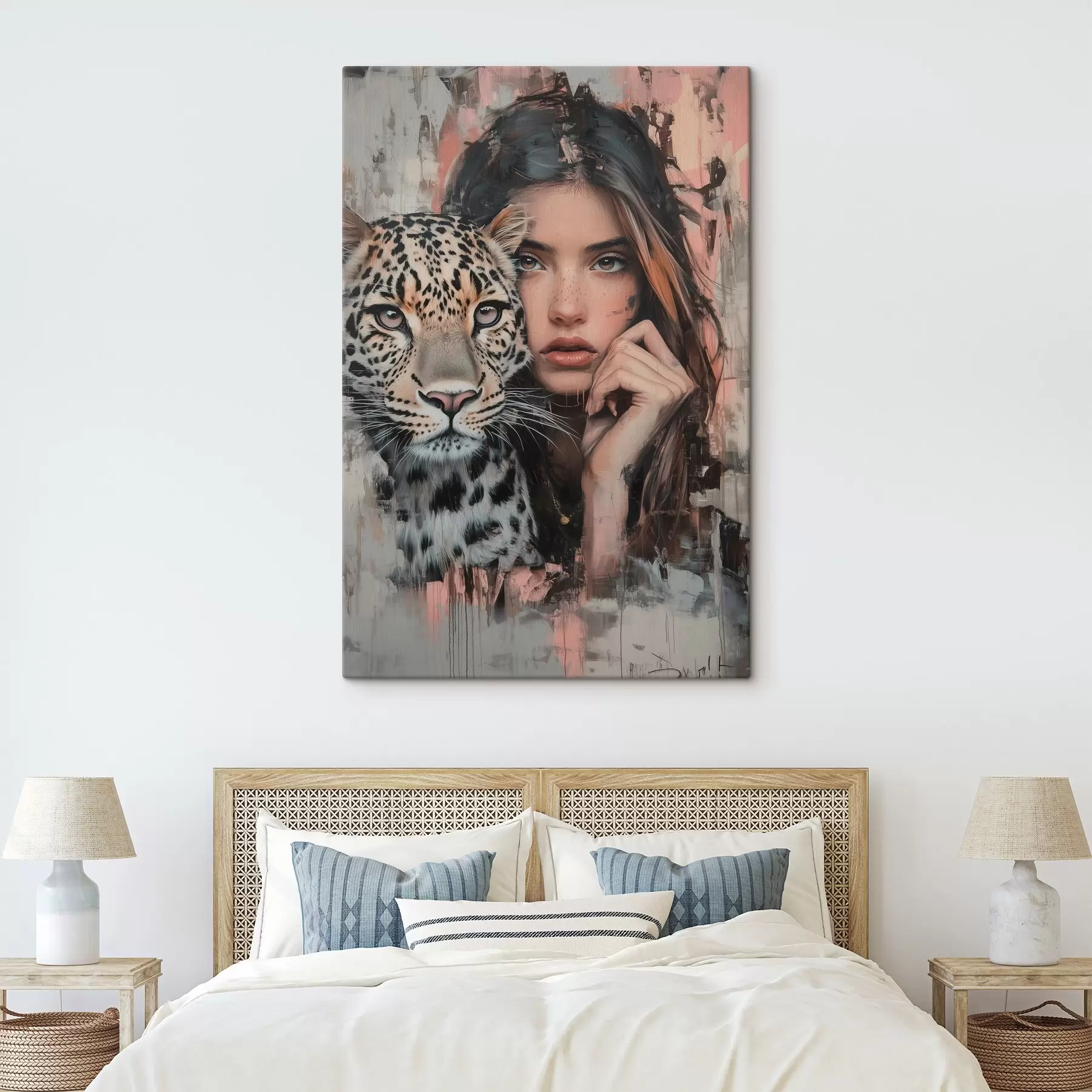 Fototapete Mädchen mit Leopard, Pop Art, Realismus, lebhafte Pinselstriche, Acryl  s40821