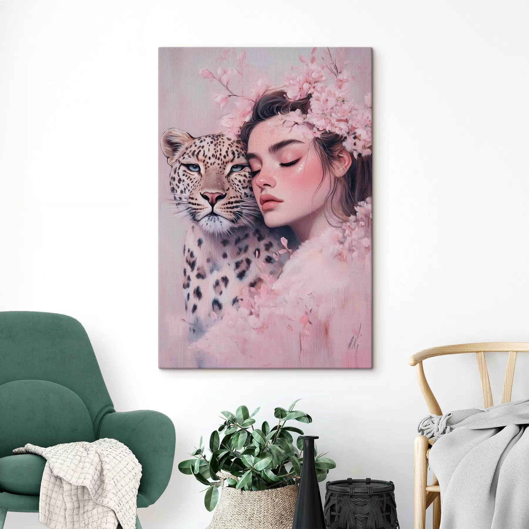Fototapete Mädchen mit Leopart, verträumte Atmosphäre, blumig, zartrosa Farben s40823