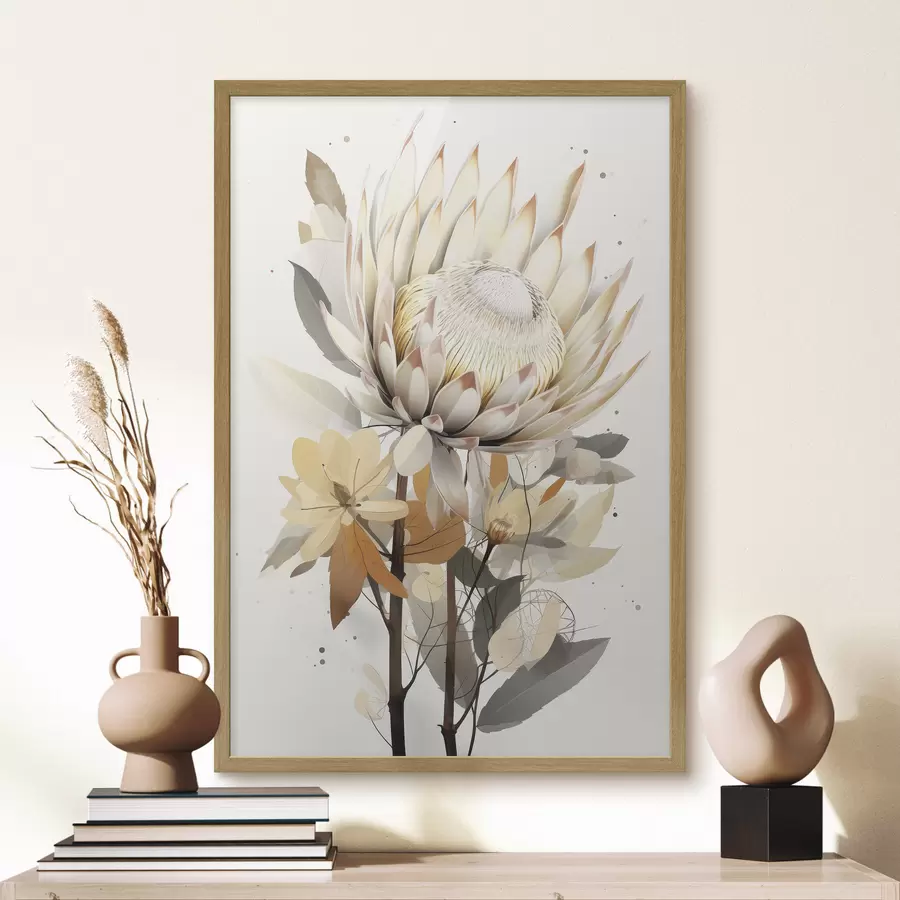 Fototapete Schöne Protea-Blüten mit üppigen Blättern, weiche Beigetöne, Baumwolle f40817