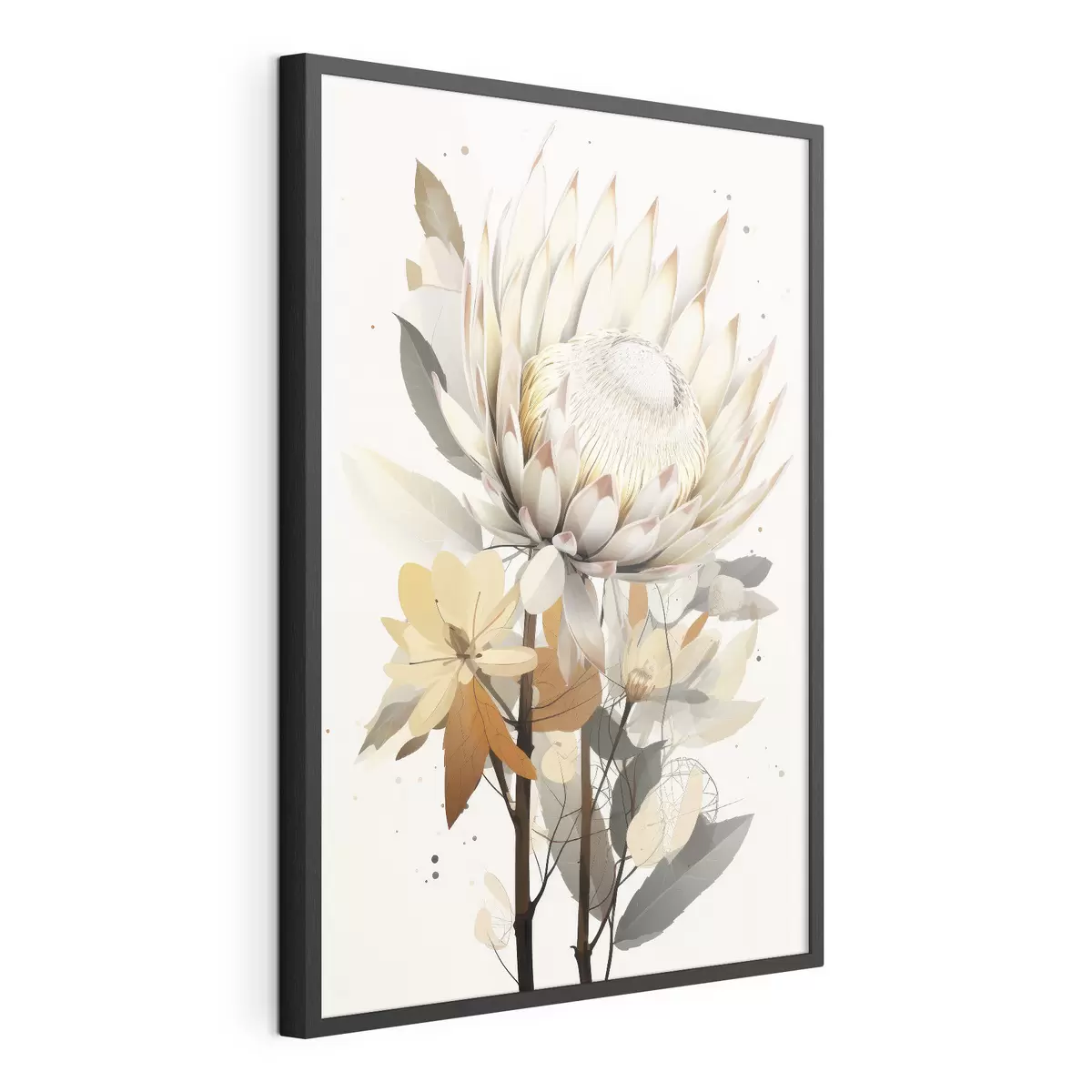 Poster Schöne Protea-Blüten mit üppigen Blättern, weiche Beigetöne, Baumwolle f40817