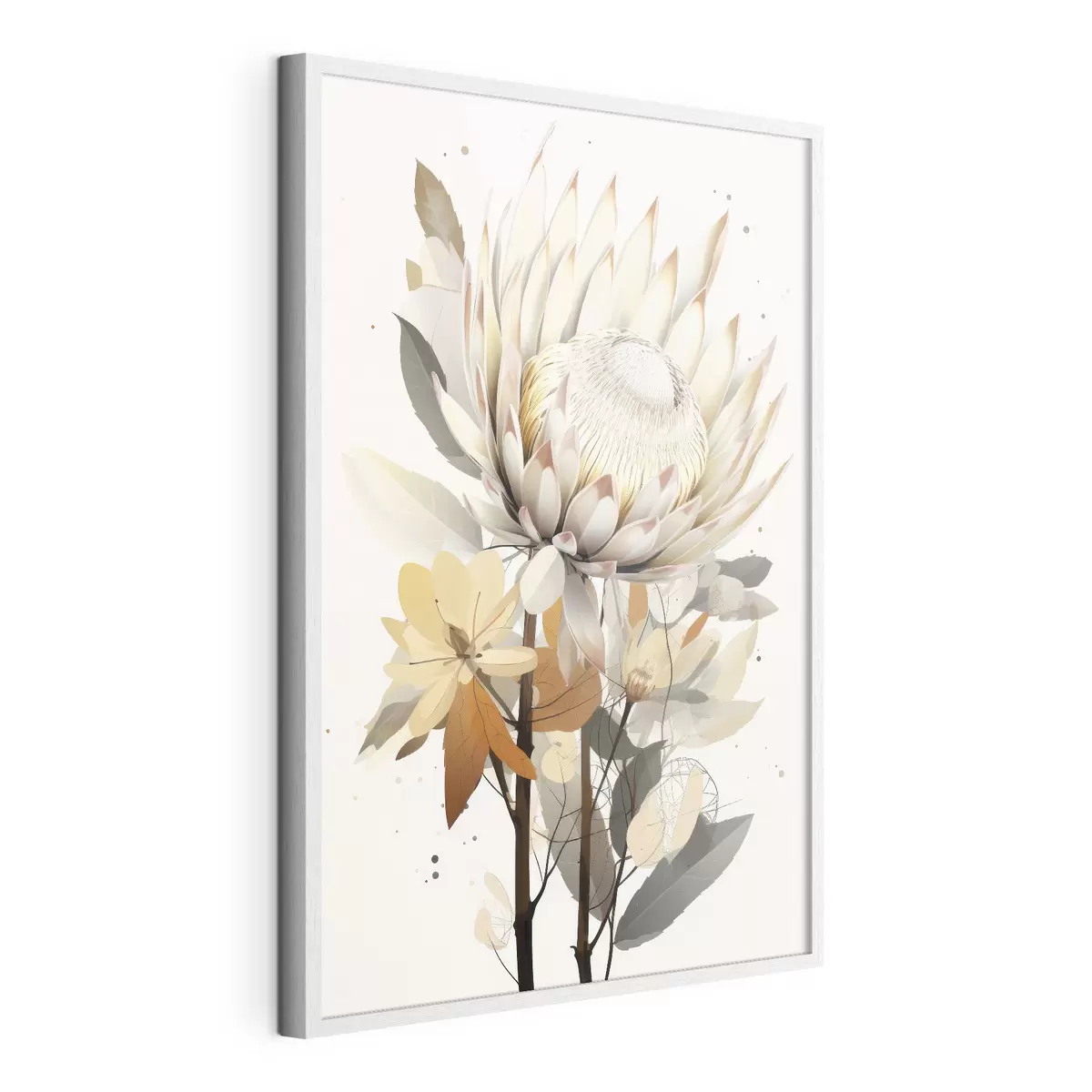Poster Schöne Protea-Blüten mit üppigen Blättern, weiche Beigetöne, Baumwolle f40817