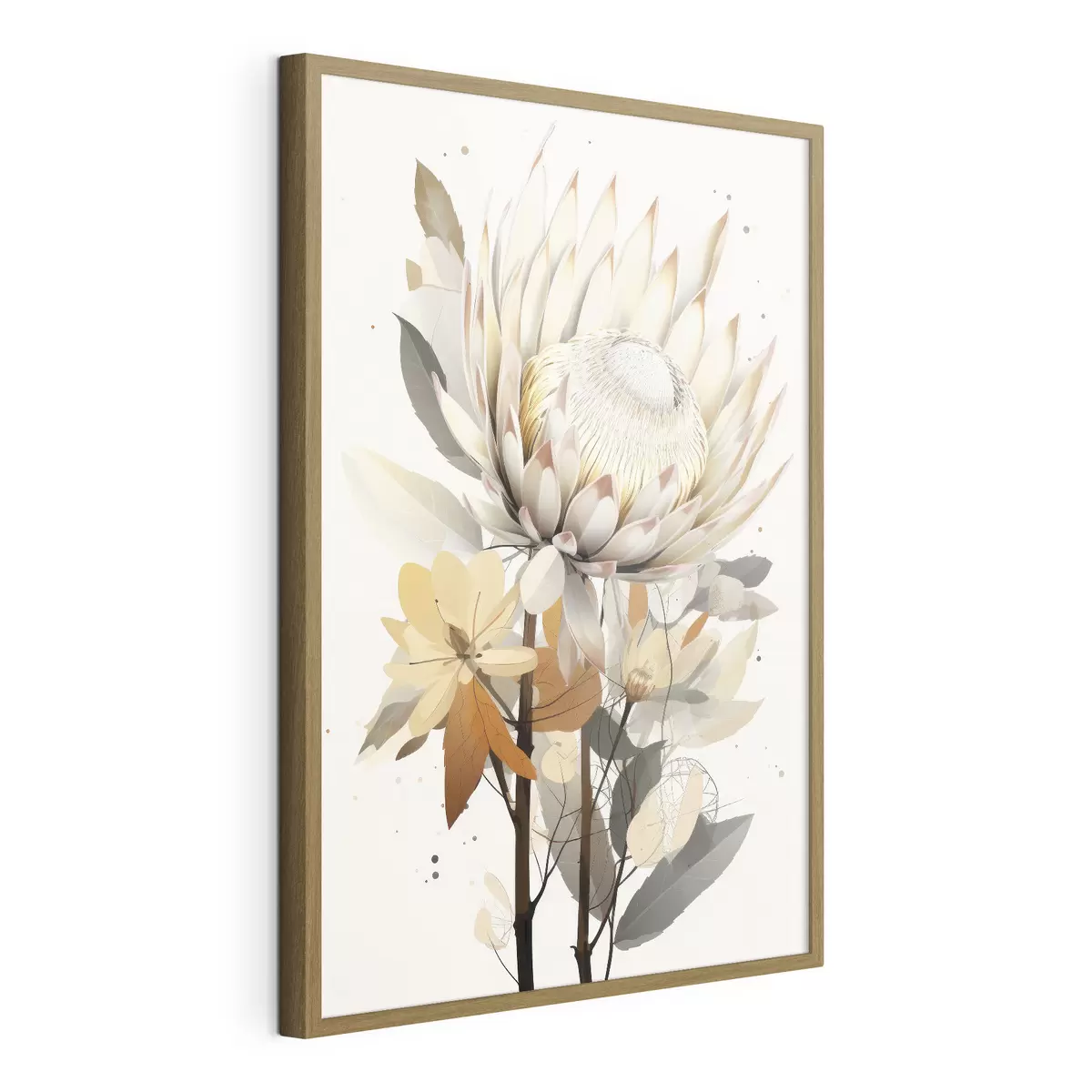 Poster Schöne Protea-Blüten mit üppigen Blättern, weiche Beigetöne, Baumwolle f40817