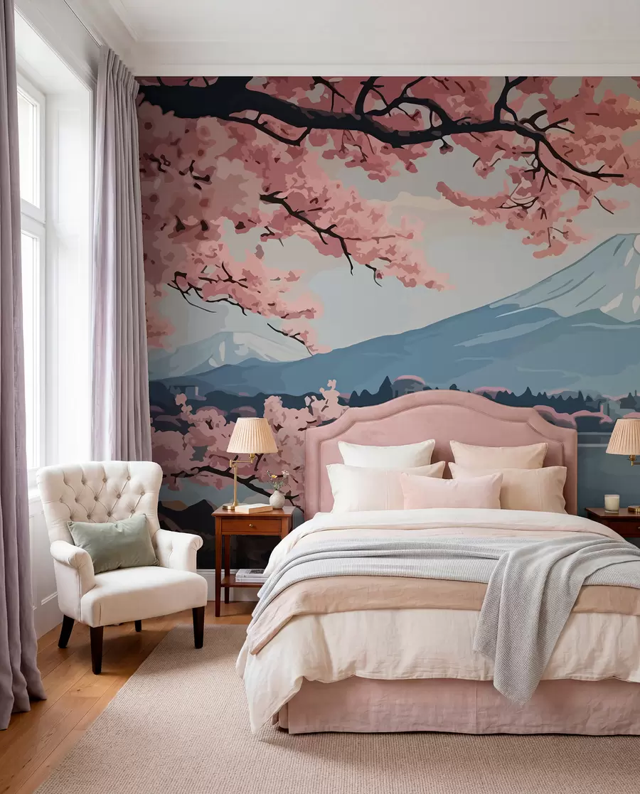Fototapete Sakura, Berge, Aquarell w01664