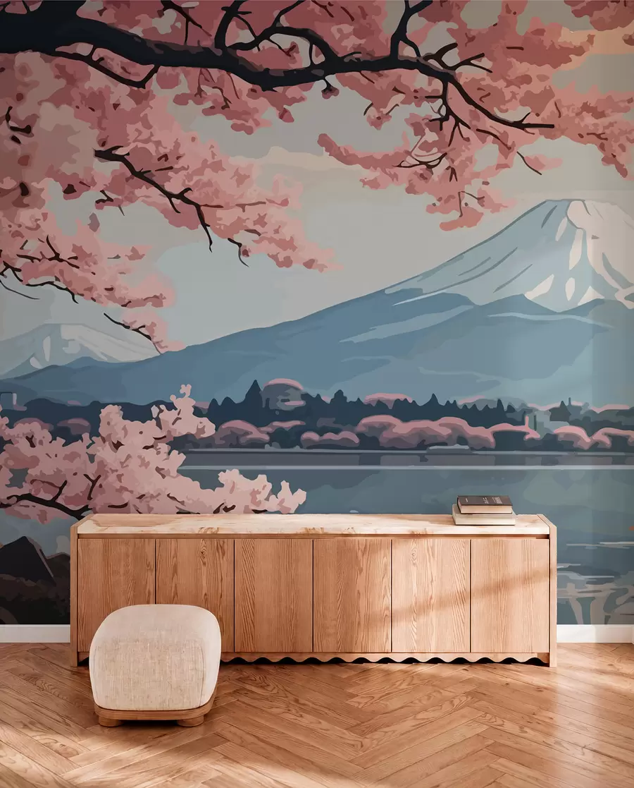 Fototapete Sakura, Berge, Aquarell w01664