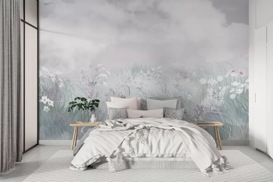 Fototapete Wildblumen und Gräser mit rosafarbenem Himmel und Wolken w01624v1