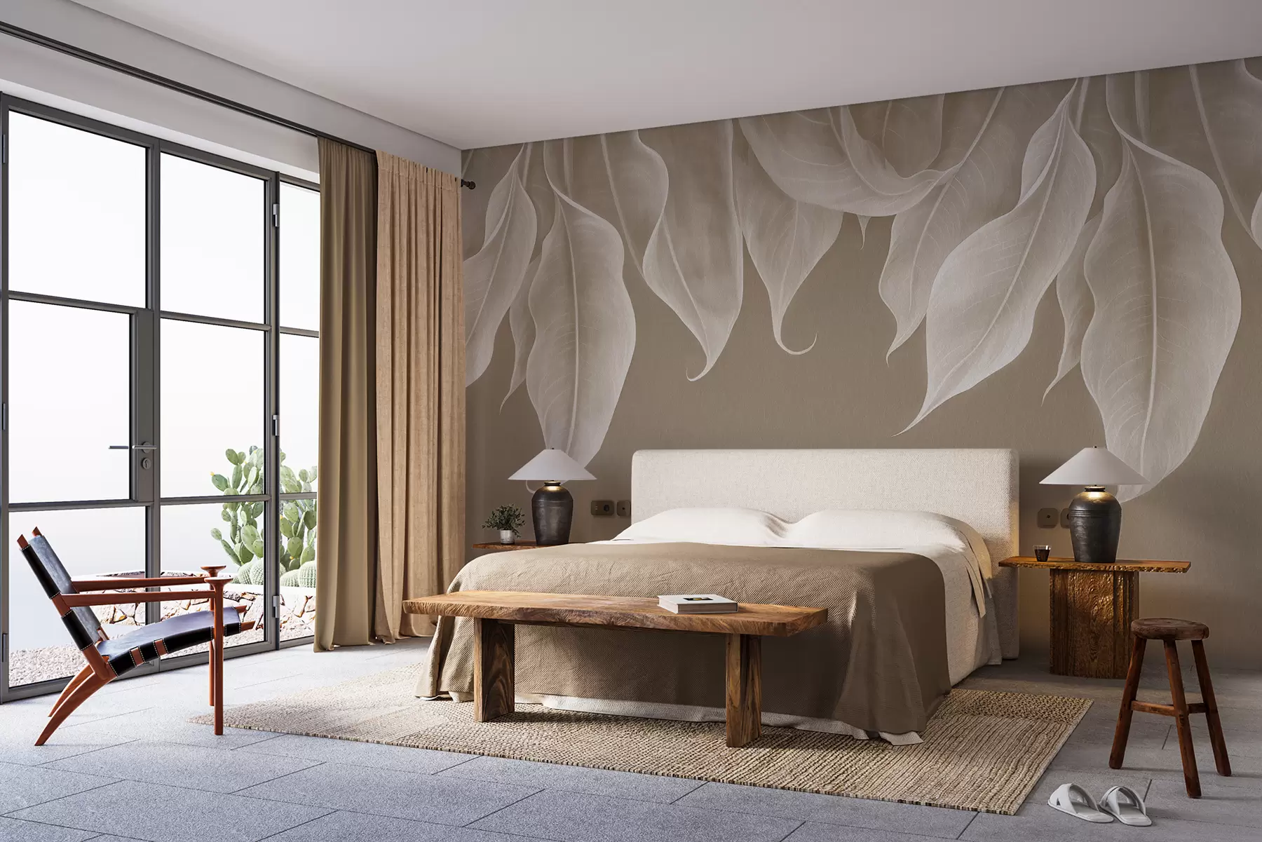 Fototapete hängende große Blätter in beige Farbe w01680