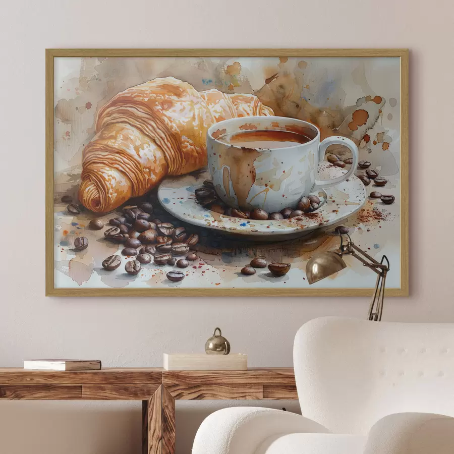 Fototapete Croissant, Morgen, Croissant und Tasse Kaffee, Aquarell f40782