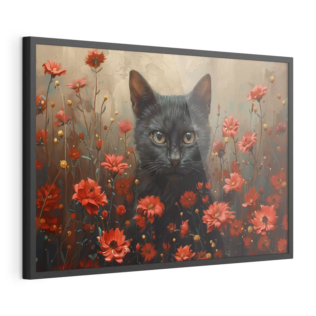 Poster Katze, Blumen, schwarze Katze f40839