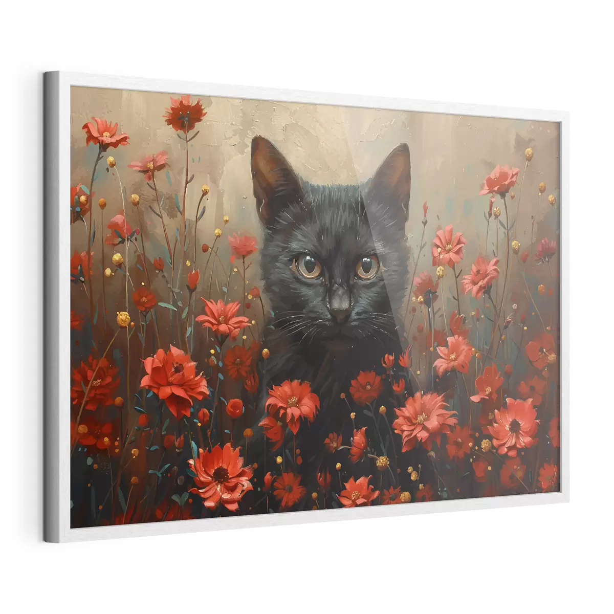 Poster Katze, Blumen, schwarze Katze f40839
