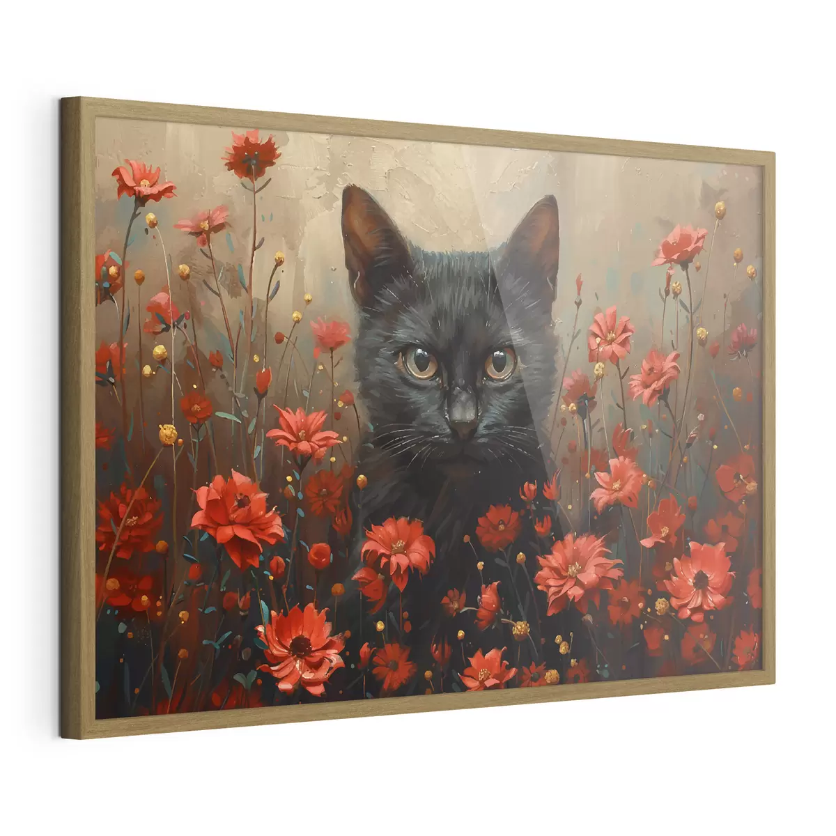Poster Katze, Blumen, schwarze Katze f40839