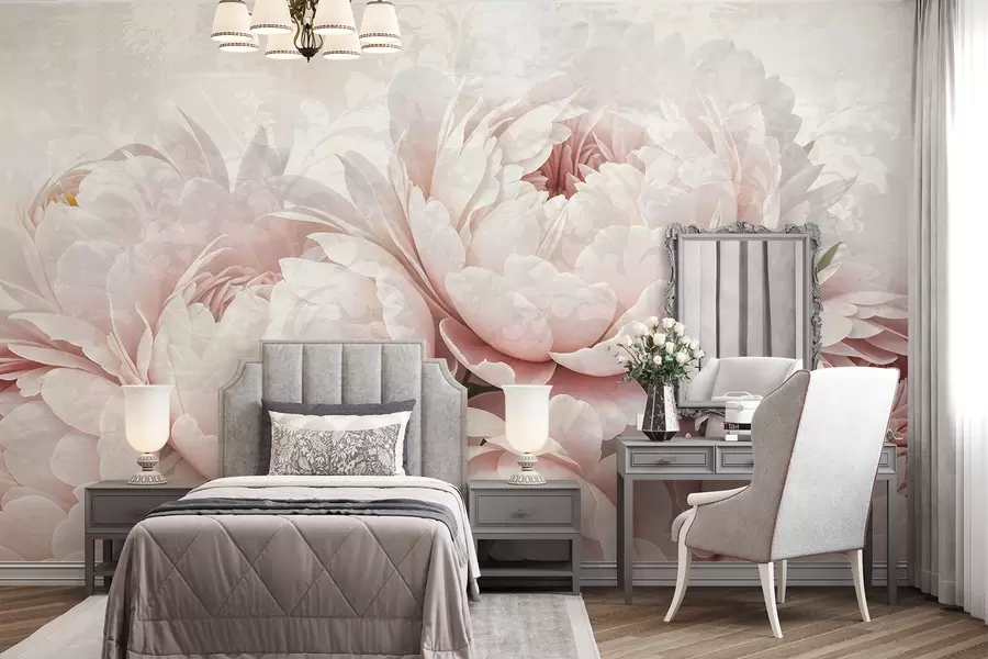 Fototapete Zartrosa Pfingstrosen mit zarten Blütenblättern vor einem leicht strukturierten Vintage-Hintergrund w08312