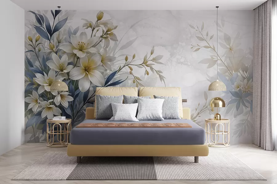 Fototapete Weißer, beiger und blauer Blumenstrauß mit zarten Blättern auf einem weichen, unscharfen Hintergrund w08314