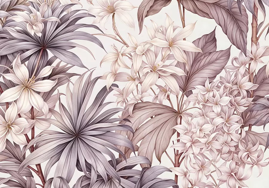 Fototapete Ein tropischer Blumendruck mit großen weißen und hellrosa Blüten, Bordürenblättern und einem neutralen Hintergrund w08318v1