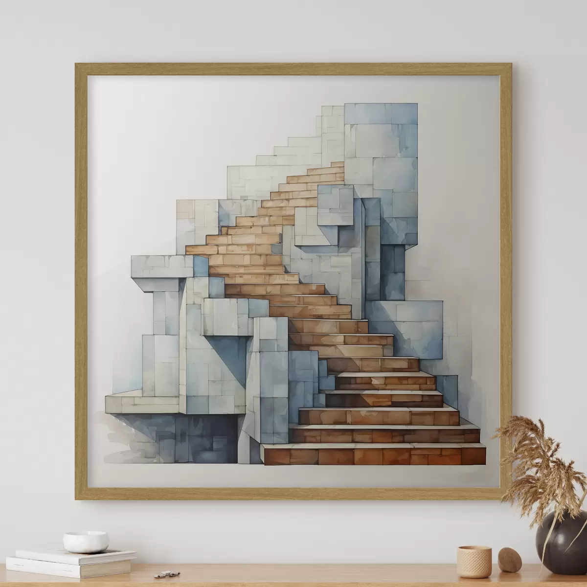 Poster Steintreppe abstrakte architektonische Landschaft Aquarell f40891