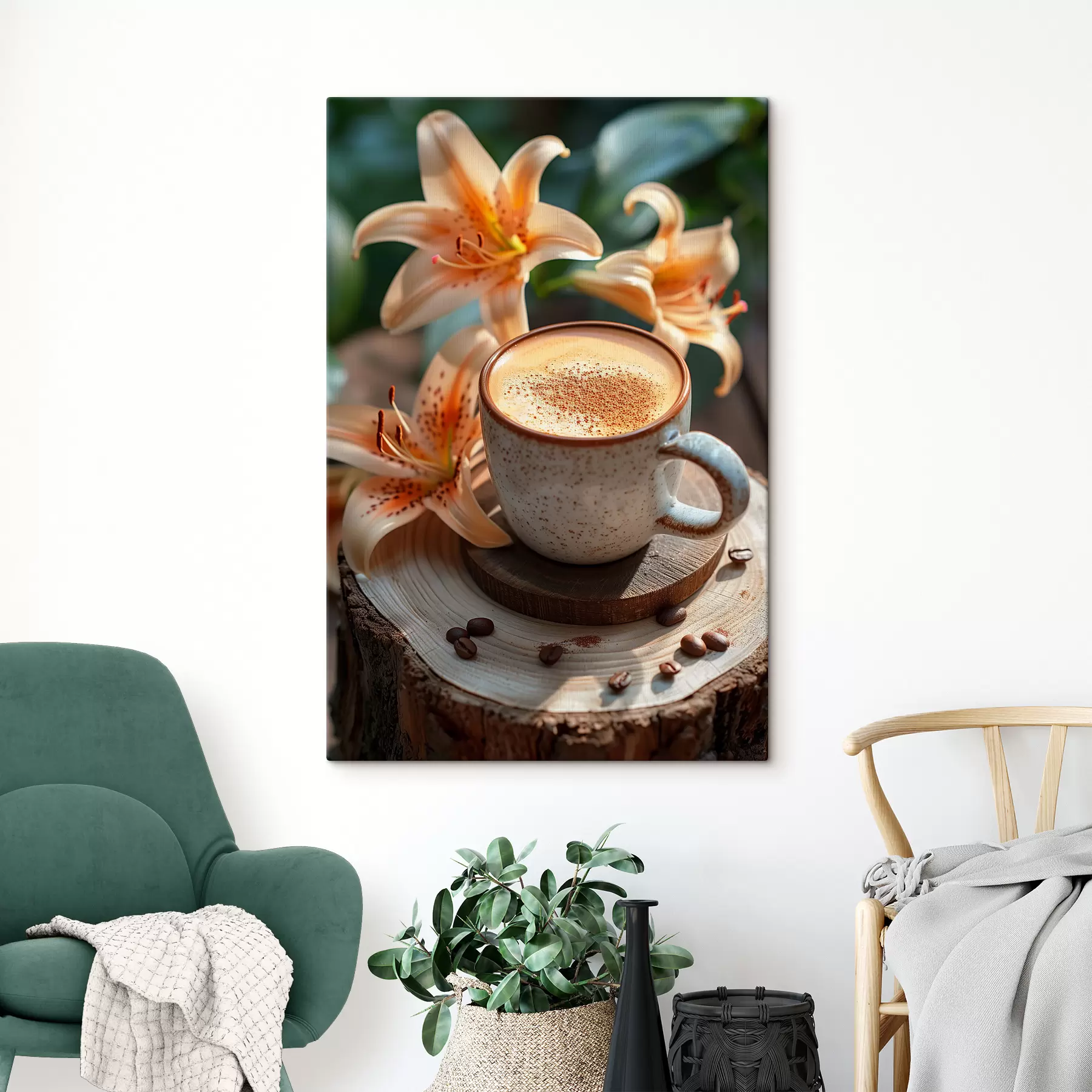 Fototapete Eine Tasse Cappuccino in der Natur vor dem Hintergrund von Lilien s40906