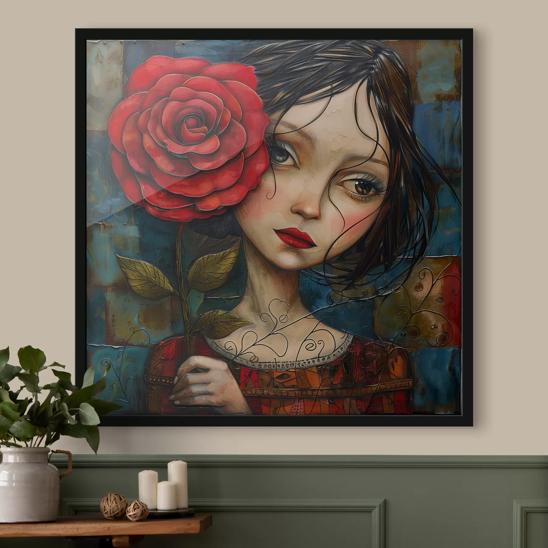 Fototapete Ölgemälde eines Mädchens mit einer roten Blume f40896