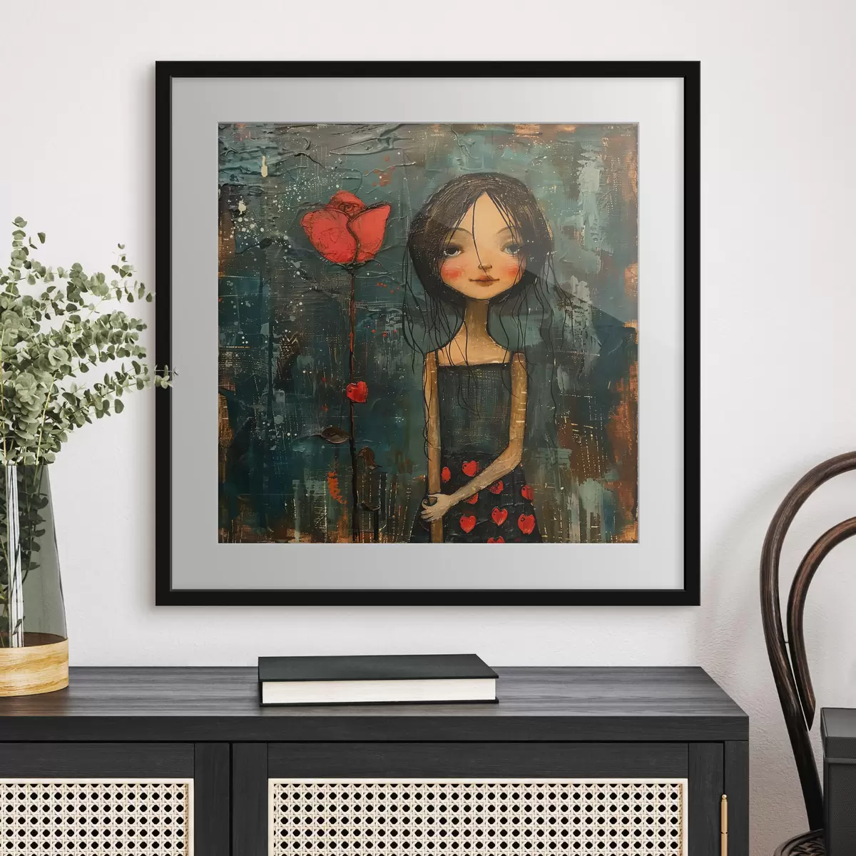 Poster Mädchen mit roter Blume f40897