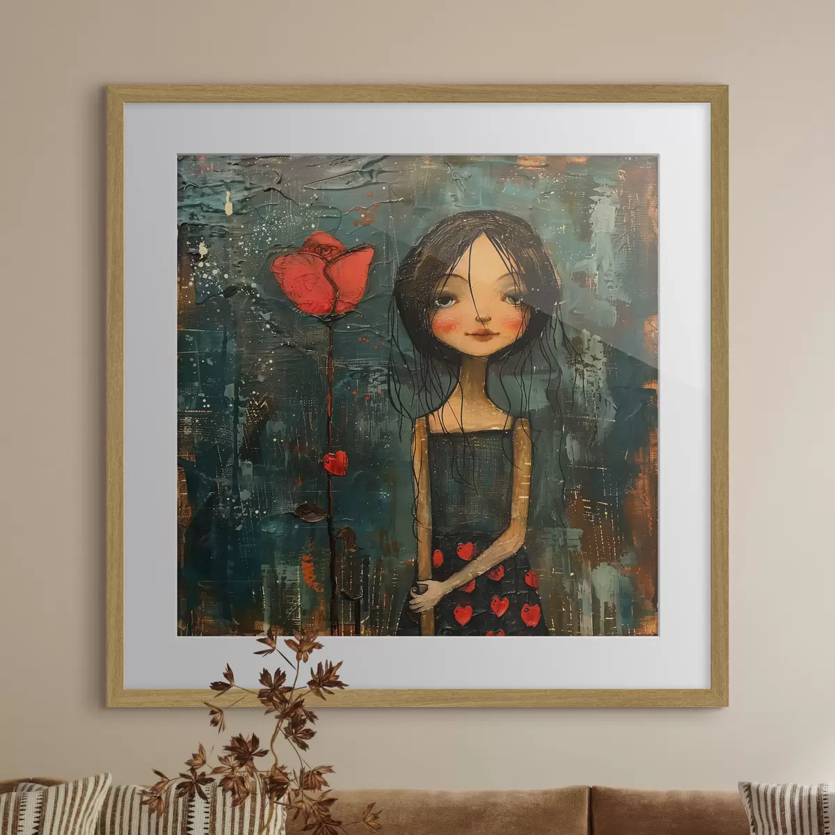 Poster Mädchen mit roter Blume f40897
