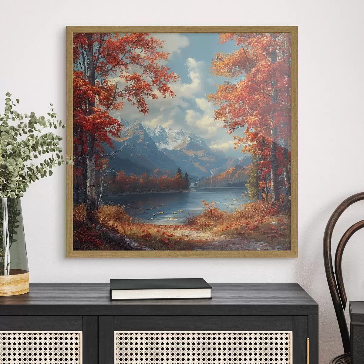 Poster Herbstlandschaft vor der Kulisse der Berge in der Nähe eines Teiches f40903
