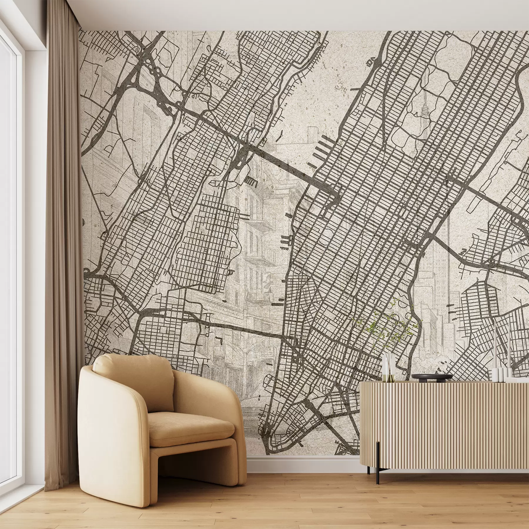 Fototapete New Yorker Stadtplan, Strichzeichnung, Architektur, beige Farben w01699