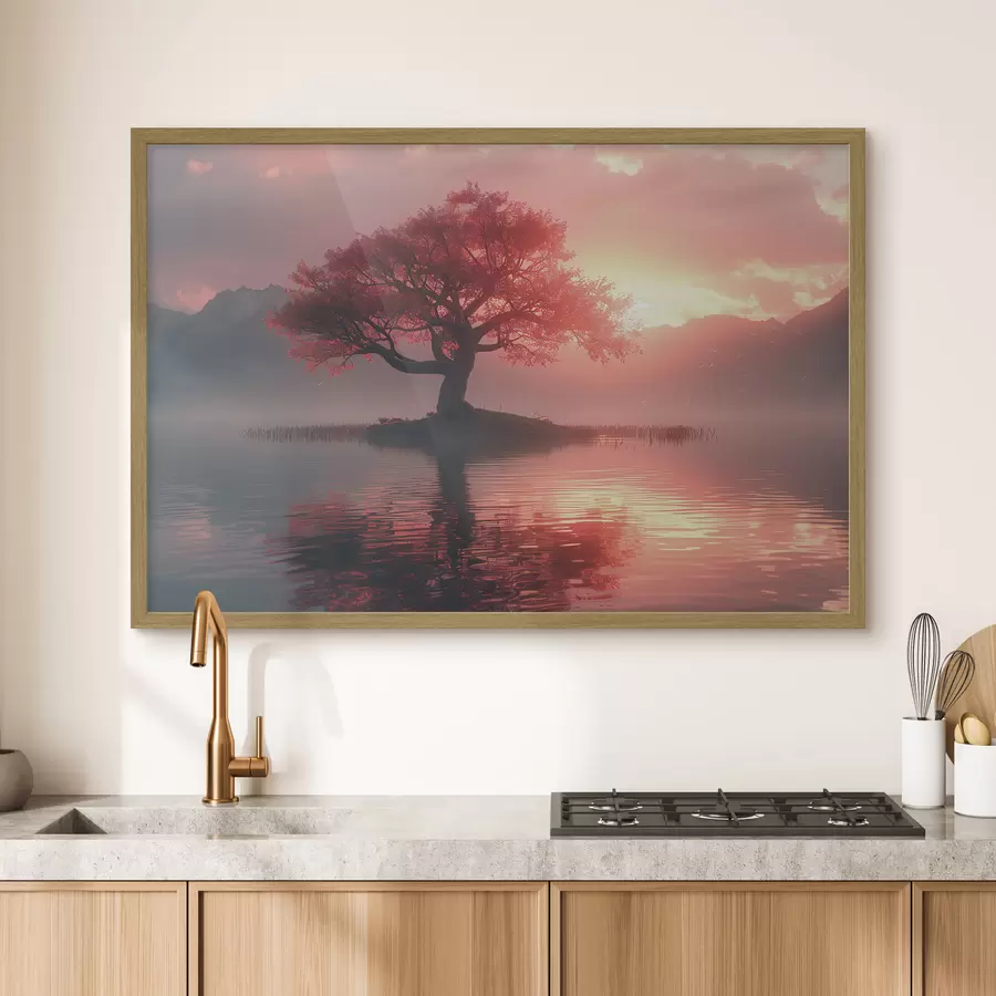 Fototapete Baum am Teich bei Sonnenuntergang f40934