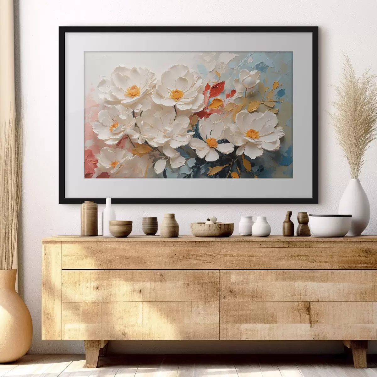 Poster Abstrakte weiße Blumen in Öl f40862