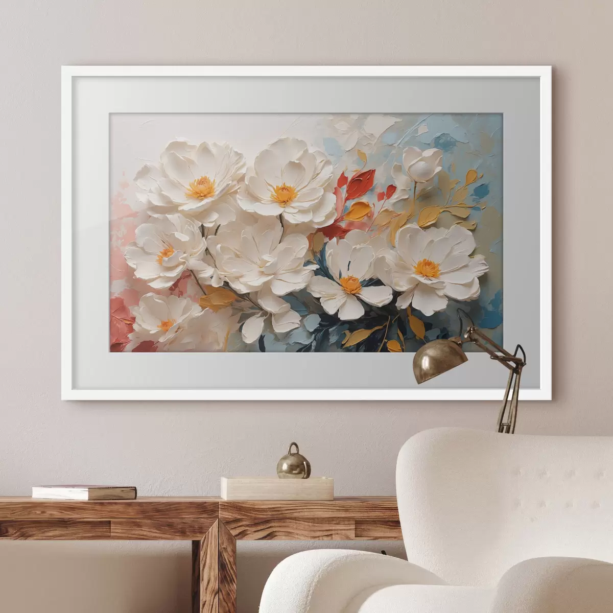 Poster Abstrakte weiße Blumen in Öl f40862